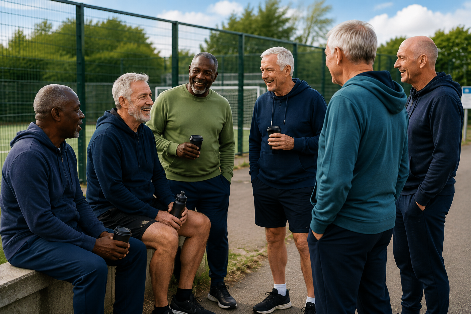 Men's walking football group chatting after a session in Tile Hill, Coventry